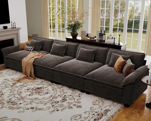 Vista 128 de Sofá modular de gran tamaño de 154 pulgadas, cómodo sofá en forma de U con 3 otomanas móviles, sofá moderno de felpilla de 7 plazas para sala