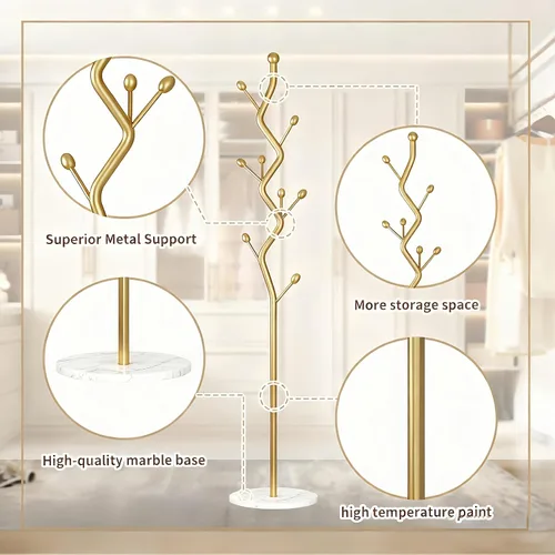 Vista 8 de Moderno perchero de metal con forma de árbol, árbol de pasillo de metal independiente con base de mármol resistente, organizador de entrada