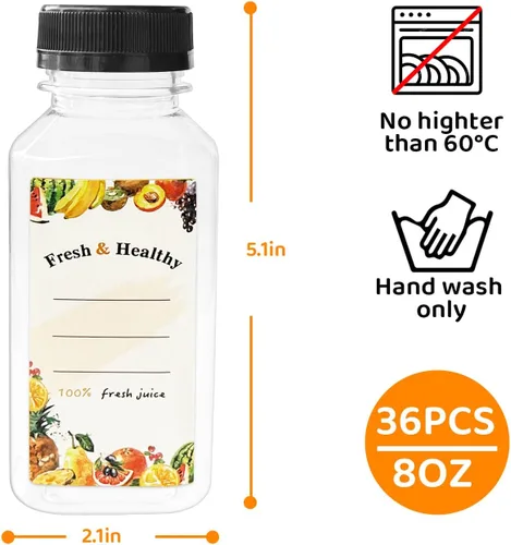 Vista 3 de 36 unidades de botellas de plástico de 8 onzas con tapas, botellas de jugo con tapas, recipientes reutilizables transparentes para bebidas a granel