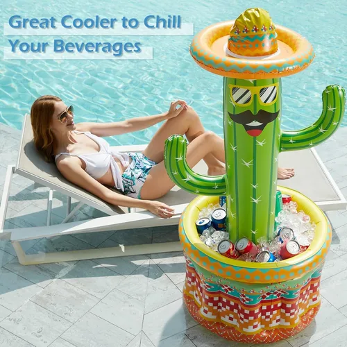 Vista 2 de Jasonwell Hielera inflable para fiesta en la piscina – Cubo de hielo de cactus para fiesta de Luau hawaiano tropical playa temática cumpleaños