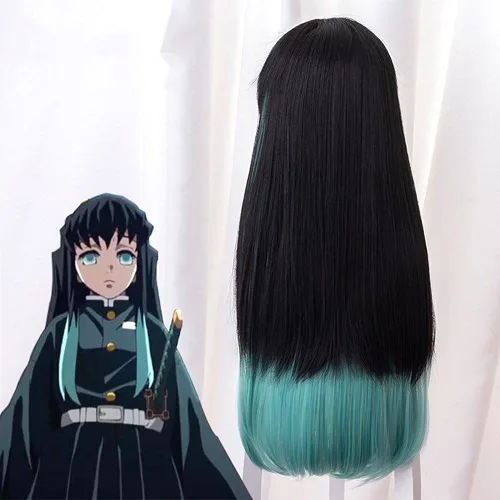Vista 5 de iirukaa Tokitou Muichirou - Peluca de cosplay larga y recta para Demon Slaye Anime Kimetsu no Yaiba, personajes de Halloween, pelucas de cosplay