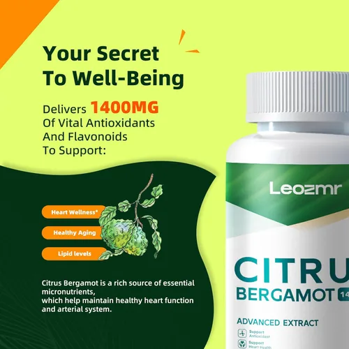 Vista 2 de Bergamota cítrica orgánica de 1400 mg, 120 cápsulas – Bergamia cítrica 25:1 – Aceite esencial y bioflavonoides cítricos – Suplementos naturales
