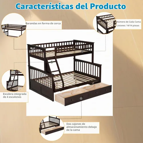 Vista 6 de Harper & Bright Designs Litera convertible de madera individual sobre cama matrimonial con 2 cajones de almacenamiento y escalera, se puede dividir