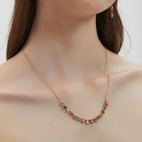 Vista 3 de G&GEMSJEW Women Gold Colorful Gemstone Necklace Multicolor CZ Rainbow Chain Choker for Girls 14K Gold Plated Multi Gems Necklace