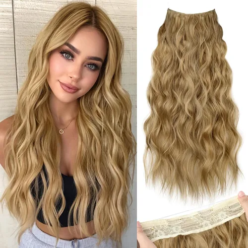 Vista 33 de KooKaStyle - Extensiones de cabello con hilo invisible, diadema transparente, ajustables, 4 clips fijadores, cabello largo y ondulado de 12