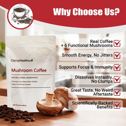 Vista 4 de Café de hongos, suplementos herbales de hongos para una mejor concentración, energía, digestión, piel e inmunidad 30 porciones