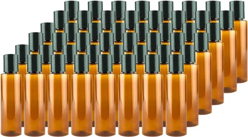 Vista 10 de Botellas de plástico ámbar (paquete de 12) – Botella de plástico ámbar de 1 onza con tapas de rosca; se utiliza como champú reutilizable, loción