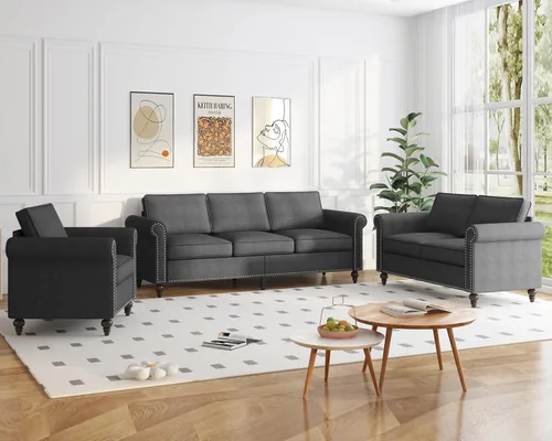 Vista 17 de PUREMIND Juego de sofá de 2 piezas para muebles de sala de estar, juego de sofá y silla de oficina moderno de lino con patas de madera maciza, sofá
