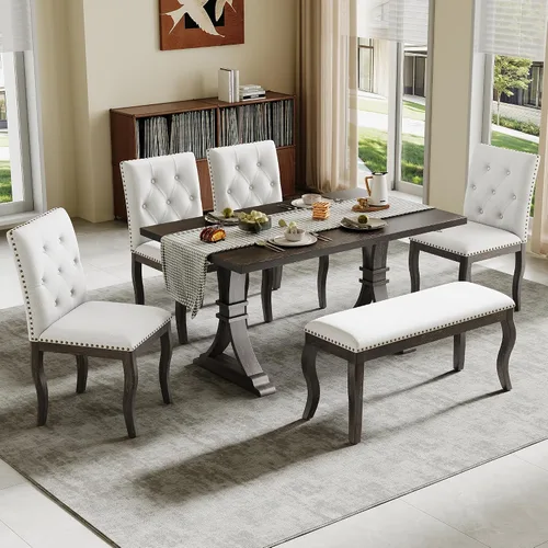 Vista 28 de Juego de mesa de comedor rústica de 6 piezas con mesa rectangular de caballete y 4 sillas tapizadas y banco, juego de mesa de comedor de cocina