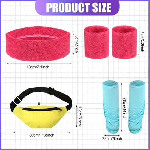 Vista 3 de Xtinmee 6 piezas de disfraz de entrenamiento de los años 80 para hombre, conjunto de traje de baño, leggings para piernas, muñequera, paquete