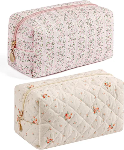 Vista 15 de Bolsa de maquillaje de viaje para mujeres y niñas, bolsa de maquillaje con cremallera, flores florales, organizador de maquillaje, bolsa de tela