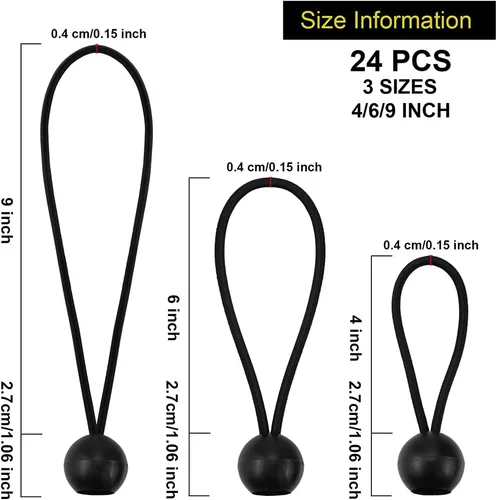 Vista 2 de NODG 24 piezas de bolas elásticas negras de 4, 6, 9 pulgadas, cuerdas elásticas de lona de alta resistencia, cuerda elástica de 0.157 in de grosor