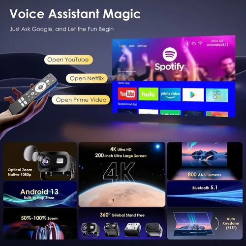 Vista 8 de Proyector con WiFi y Bluetooth, enfoque eléctrico y Keystone vertical, soporte HD 4K de 1080P, proyector inteligente con aplicaciones de transmisión