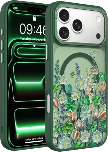 Vista 171 de Magnético para iPhone 13 con protector de pantalla [Compatible con MagSafe] Diseño de patrón floral de flores bonitas, funda delgada a prueba