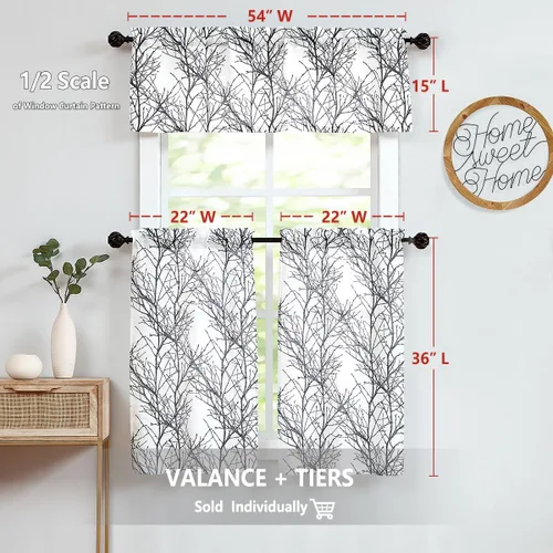 Vista 3 de FMFUNCTEX Cortinas de cenefa de ventana con estampado de ramas de árbol negro, cenefa corta semitransparente blanca para cocina, baño, bolsillo