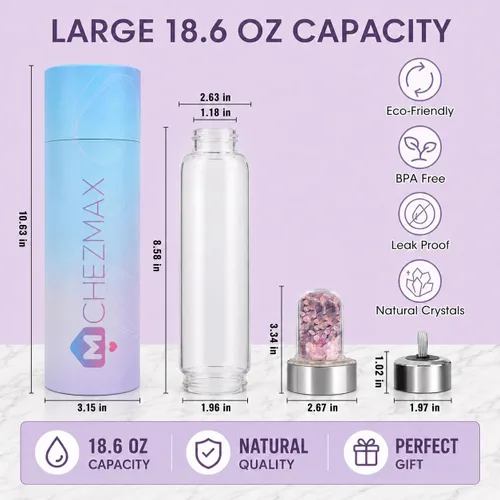 Vista 2 de ChezMax Botella de agua en cristal con centro de cristal natural intercambiable 18.6Oz, Natural Quartz Gemstone, Juice Container with Lid Sleeve