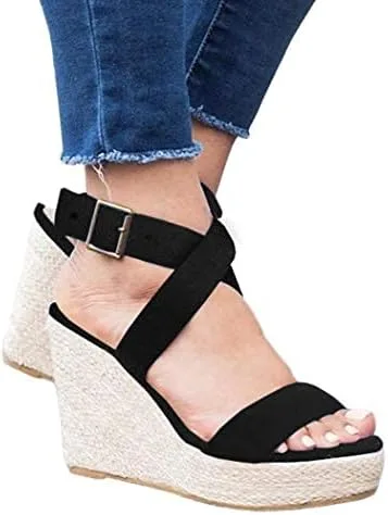 Vista 6 de Sandalias de tacón alto con plataforma de cuña y correa de tobillo cruzada, puntera abierta, de verano, para mujer