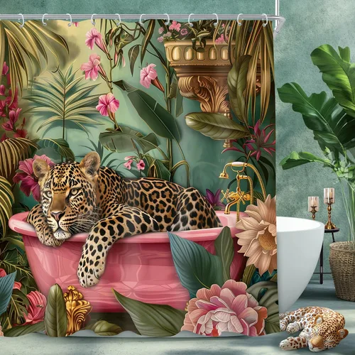 Vista 13 de Juego de cortina de ducha de baño con diseño de leopardo y guepardo rosa A-01pink leopardo verde
