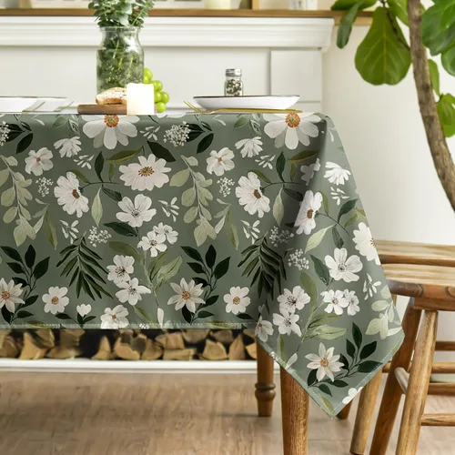 Vista 3 de Horaldaily Mantel de primavera rectangular de 52 x 70 pulgadas, estilo Shabby Chic estilo apagado, hojas de margarita verde grisáceo, lavable