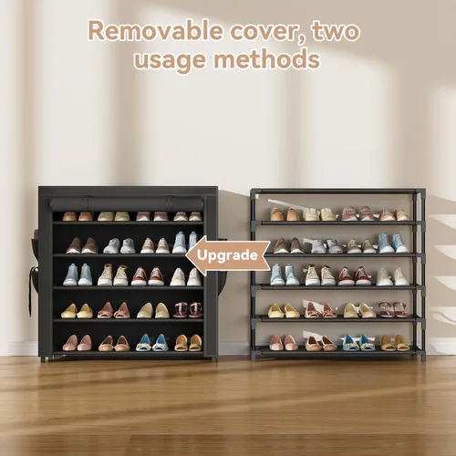 Vista 5 de LANTEFUL Zapatero con cubiertas, organizador de zapatos de 5 niveles de gran capacidad, estante para zapatos, 20-24 pares, ahorro de espacio, Negro