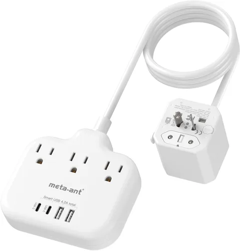 Vista 8 de Adaptador de Enchufe de Sudáfrica, Adaptador Tipo M para Sudáfrica con 3 Tomas de CA y 4 Puertos USB (2 USB C) 15.5W, Cable de Extensión de 3FT