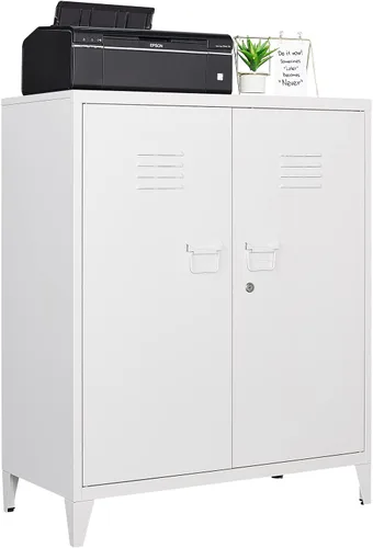 Vista 15 de Armario de almacenamiento de metal con 2 puertas y estantes ajustables, armario de metal ancho, gabinete de almacenamiento bajo, gabinete de acento