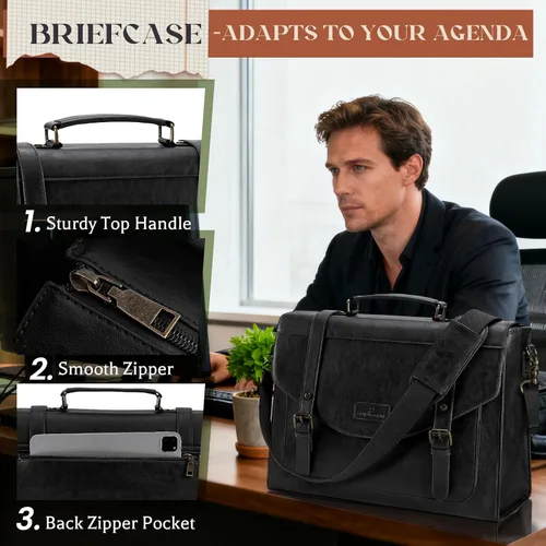 Vista 5 de RAINSMORE Bolso bandolera con solapa para hombre, de piel sintética vintage, estilo retro, de 15.6 pulgadas, con cartera, para laptop