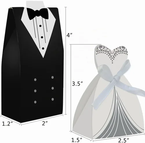 Vista 2 de cnomg 100 piezas de vestido de recuerdo de boda y esmoquin novia y caja de dulces al por mayor, caja de regalo creativa para vestido con lazo