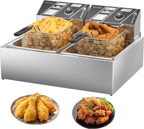 Vista 9 de Freidora comercial profunda con cestas, 3400W 12.7QT/12L de acero inoxidable engrosado para mostrador, freidora eléctrica de aceite de gran
