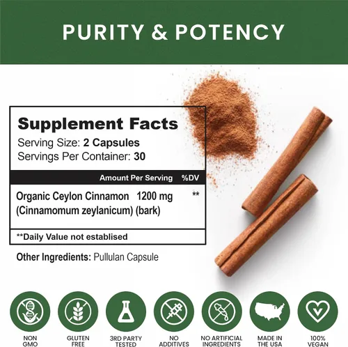 Vista 7 de Cápsulas de canela de 1200 mg. Suplemento orgánico de canela de Ceilán, pastillas de canela que apoyan el corazón, cerebro, hueso, articulaciones