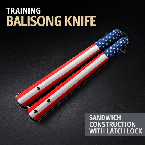 Vista 4 de Cuchillo de mariposa – Balisong Trainer – Entrenador de mariposa de práctica estadounidense con pestillo de resorte seguro – Cuchillos Balisong NO