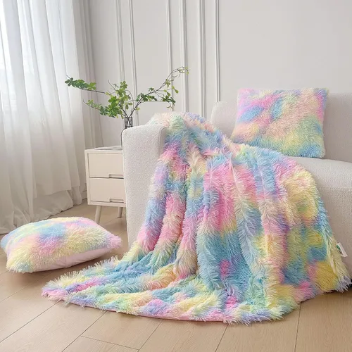 Vista 7 de XeGe Juego de 3 mantas suaves y esponjosas, manta de pelo sintético color marfil, bonita manta de felpa mullida de 50 x 60 pulgadas con fundas