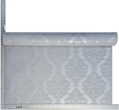 Vista 2 de Papel Pintado Flocado Gris Plata Metálico Flocado Damasco Terciopelo Revestimientos De Paredes 3D