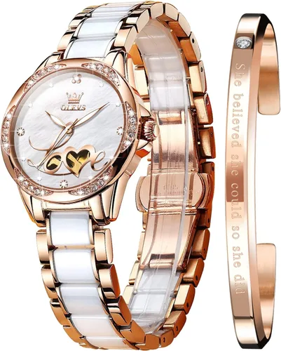 Vista 12 de OLEVS Relojes automáticos mecánicos para mujer de cuerda automática, oro rosa, dos tonos, correa de cerámica, esfera de corazón de amor