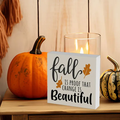 Vista 5 de Letrero rústico de madera con texto en inglés "Fall is Proof That Change is Beautiful", decoración de obra de arte de otoño y Acción de Gracias