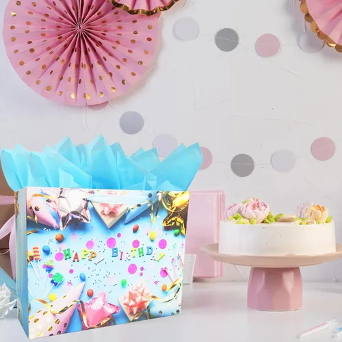 Vista 5 de LivebyCare Bolsas grandes de regalo de cumpleaños de 13 pulgadas con papel de seda y tarjeta, perfectas para bolsas de regalo para bebés, niños