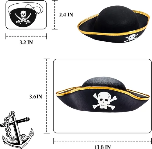 Vista 2 de D-Fokes Paquete de 2 sombreros de pirata de fieltro para niños, sombrero de fiesta pirata de tres esquinas, disfraz de capitán pirata con estampado