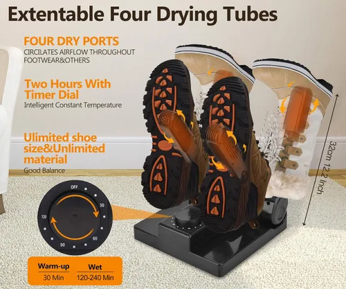 Vista 3 de Secador y Calentador Eléctrico Portátil para Zapatos y Botas con Temporizador, Calentador y Ventilador de Alta Salida, Plegable y con Estante