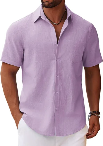 Vista 8 de COOFANDY Camisa de manga corta con botones para hombre, casual, de algodón, para verano, playa, lino, para boda, con bolsillo