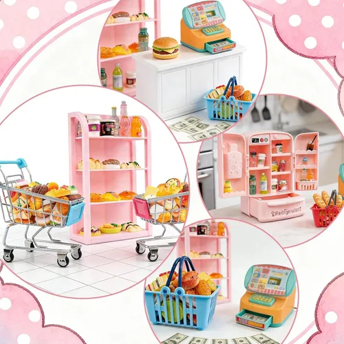 Vista 5 de 164Pcs Mini Carrito de Compras Cesta Miniatura Comida Bebida Juguetes Supermercado Metal Manivela Carrito Muñeca Casa Tienda Accesorios