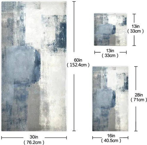 Vista 3 de Juego de toallas de baño vintage, juego de 3 toallas suaves de pintura abstracta retro azul gris