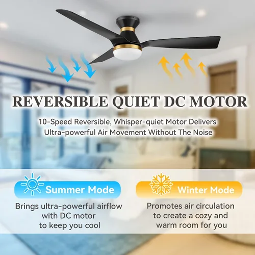 Vista 5 de SMAAIR Ventilador de techo inteligente de 52 pulgadas con luces y motor de CC de 10 velocidades, funciona con control remoto, Alexa/Google