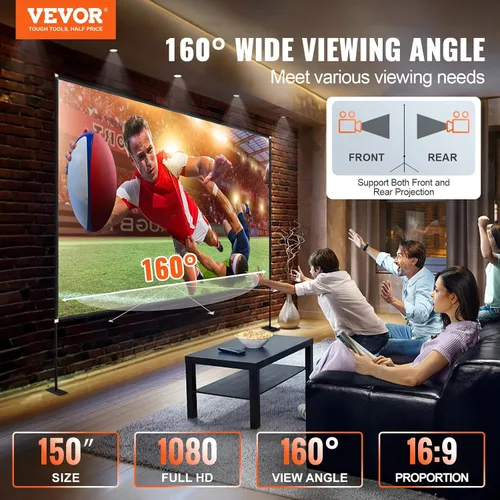 Vista 2 de VEVOR Pantalla de cine para exteriores con soporte, pantalla de película portátil de 150 pulgadas, pantalla de proyector de gran angular HD 16:9