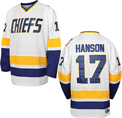 Vista 8 de Hanson Brothers - Camiseta de hockey 16 Charlestown Chiefs 17 Jeff Slap Shot 18, camiseta de hockey de película, azul, blanco, S-3XL