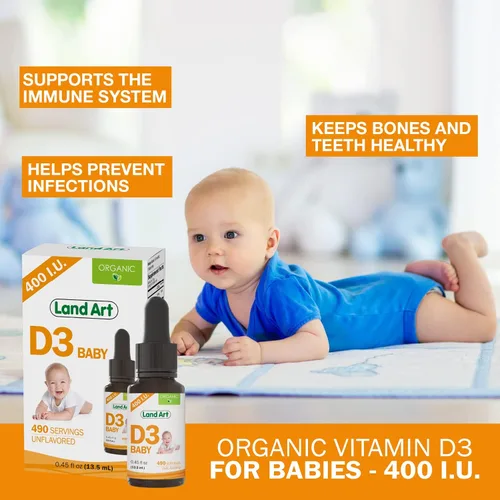 Vista 3 de Land Art - Gotas de vitamina D3 orgánicas certificadas para bebés - 400 UI por gota - 490 porciones - Apoya el desarrollo de huesos y dientes