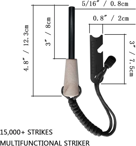 Vista 5 de Kit de supervivencia para iniciador de fuego, varilla de ferro más grande con cordón de golpeador de 3 pulgadas de largo, pedernal y acero, cordón