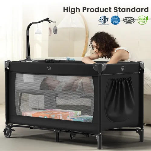 Vista 5 de Paquete grande y juega, cuna portátil con cambiador de pañales, colchón, juguetes y decoración colgantes, moisés de viaje para dormir junto a