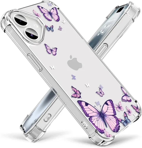 Vista 27 de OOZ Funda de cristal para iPhone 11 Pro (2019) de 5.8 pulgadas, bonita funda protectora transparente, seductor patrón de mariposa morada, suave a