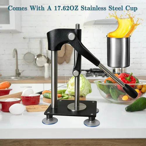 Vista 5 de Prensa de exprimidor de mano resistente negra, exprimidor de limón de metal con taza de acero inoxidable de 17.6 fl oz para exprimir cítricos