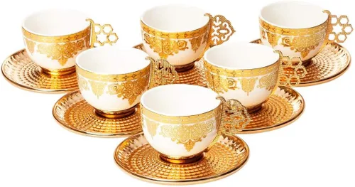 Vista 2 de Juego de 6 tazas de café turco, tazas de porcelana, juego de servicio de catering y decoración de cocina será un buen regalo para otros (dorado)